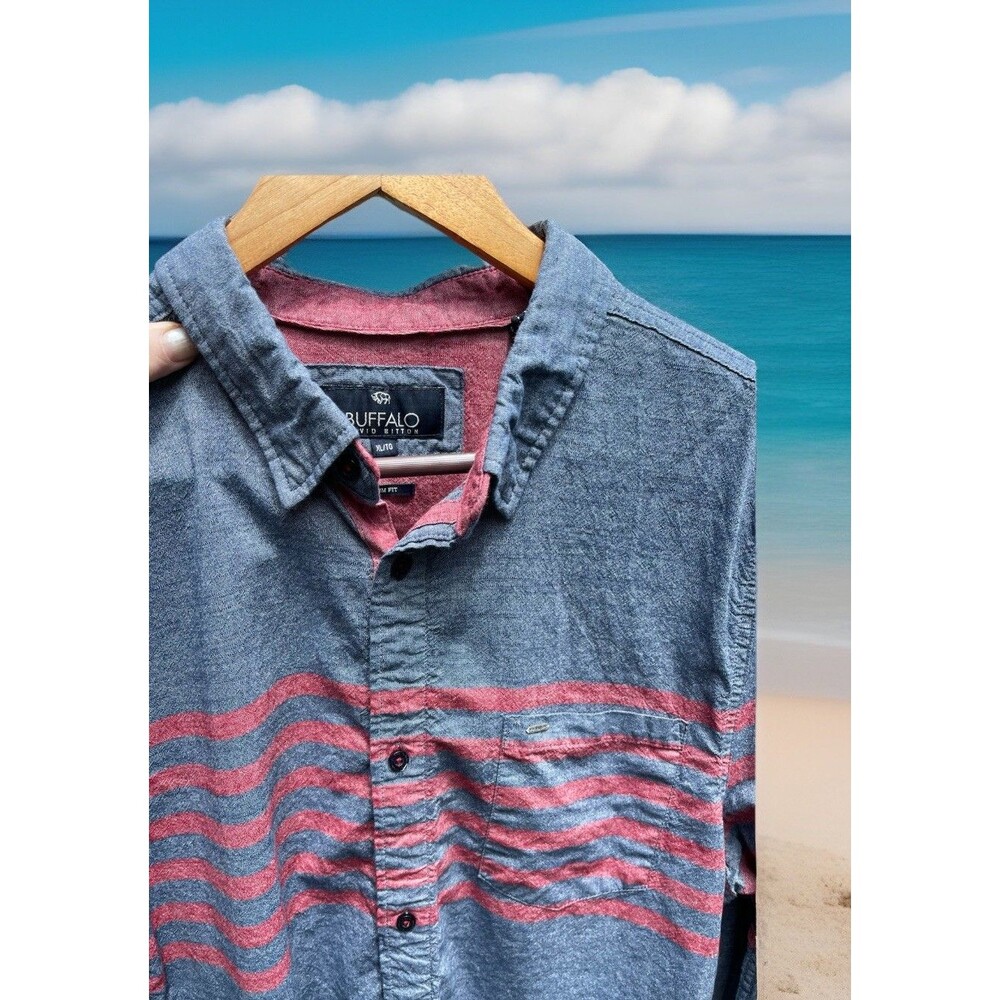 BUFFALO by David Bitton LS Shirt Blue w Stripe Accents Cotton Mens XL Slim Fit